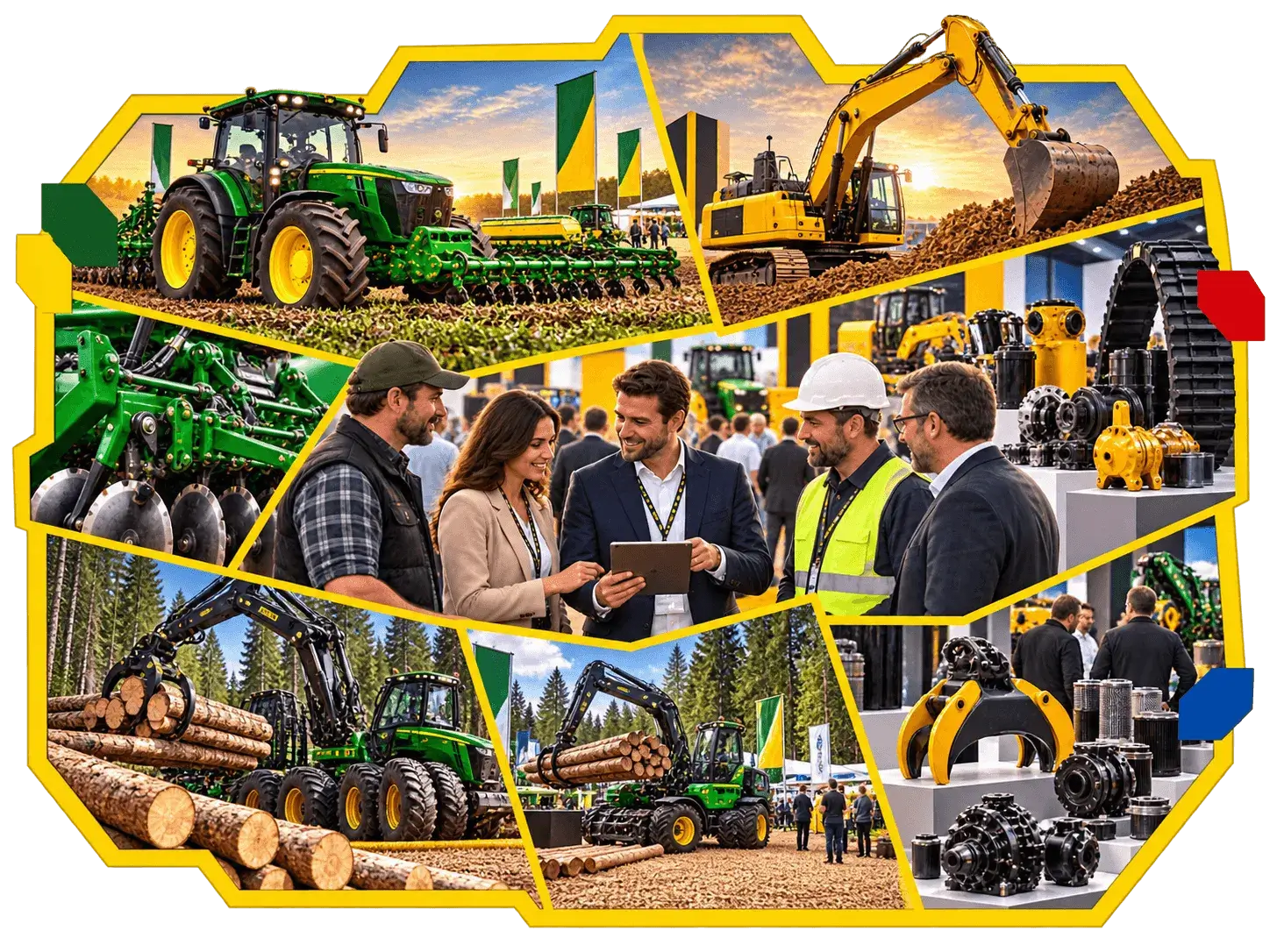 Colagem de máquinas agrícolas, de construção e florestais em uma feira de negócios